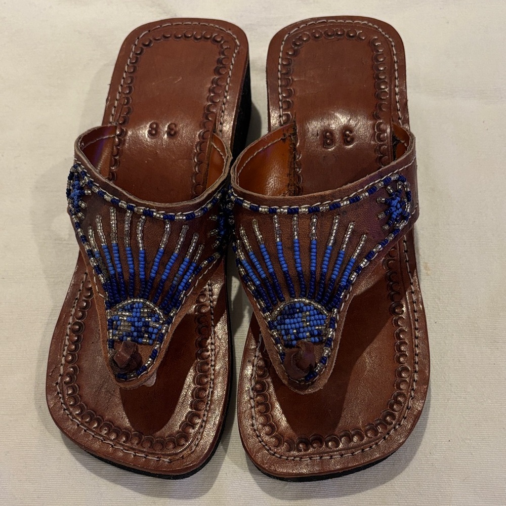 Brown Leather Sandals with Blue Beaded Design